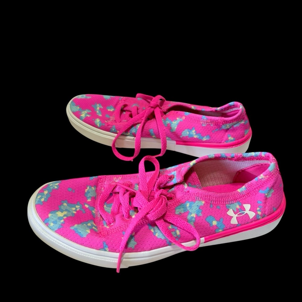 Girls 2Y Under Armour Neon Pink & Flower Print Laced Sneakers Tennis Shoes - Picture 6 of 8